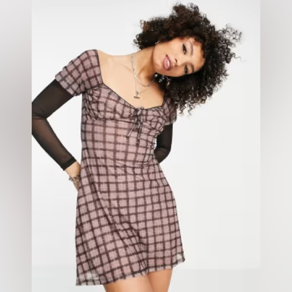 Guess vtg nwt check mesh mini dress mesh sleeve 90s school plaid sheer L - Picture 3 of 16